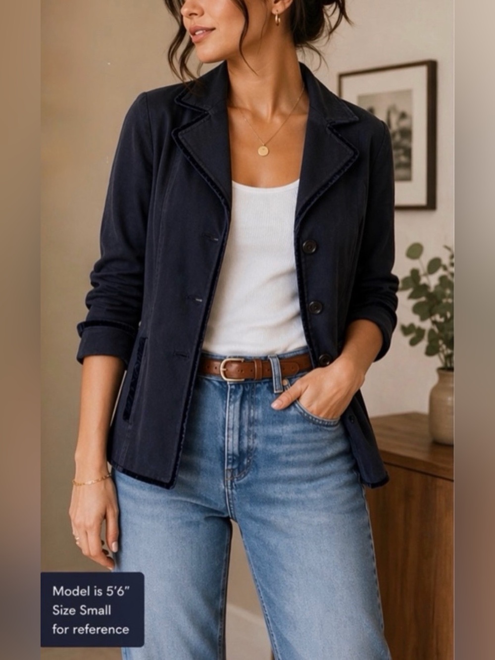 Navy Blazer Jacket Women’s Medium Velvet Trim Casual Chic Lightweight